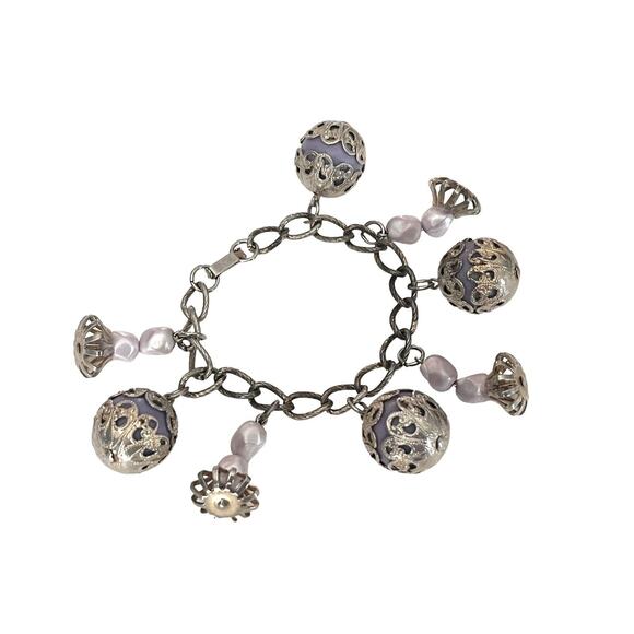 Ornate Charm Bracelet Brass Ball Stone Chain Purple Gold 7" Chunky Jewels Vtg - Picture 4 of 4